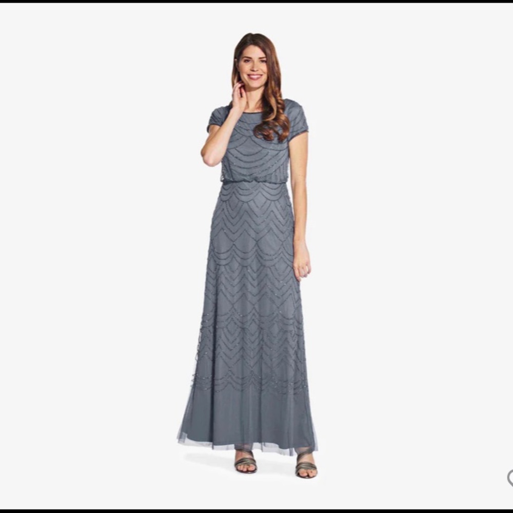 ADRIANNA PAPELL SHORT SLEEVE BEADED BLOUSON GOWN IN DUSTY BLUE